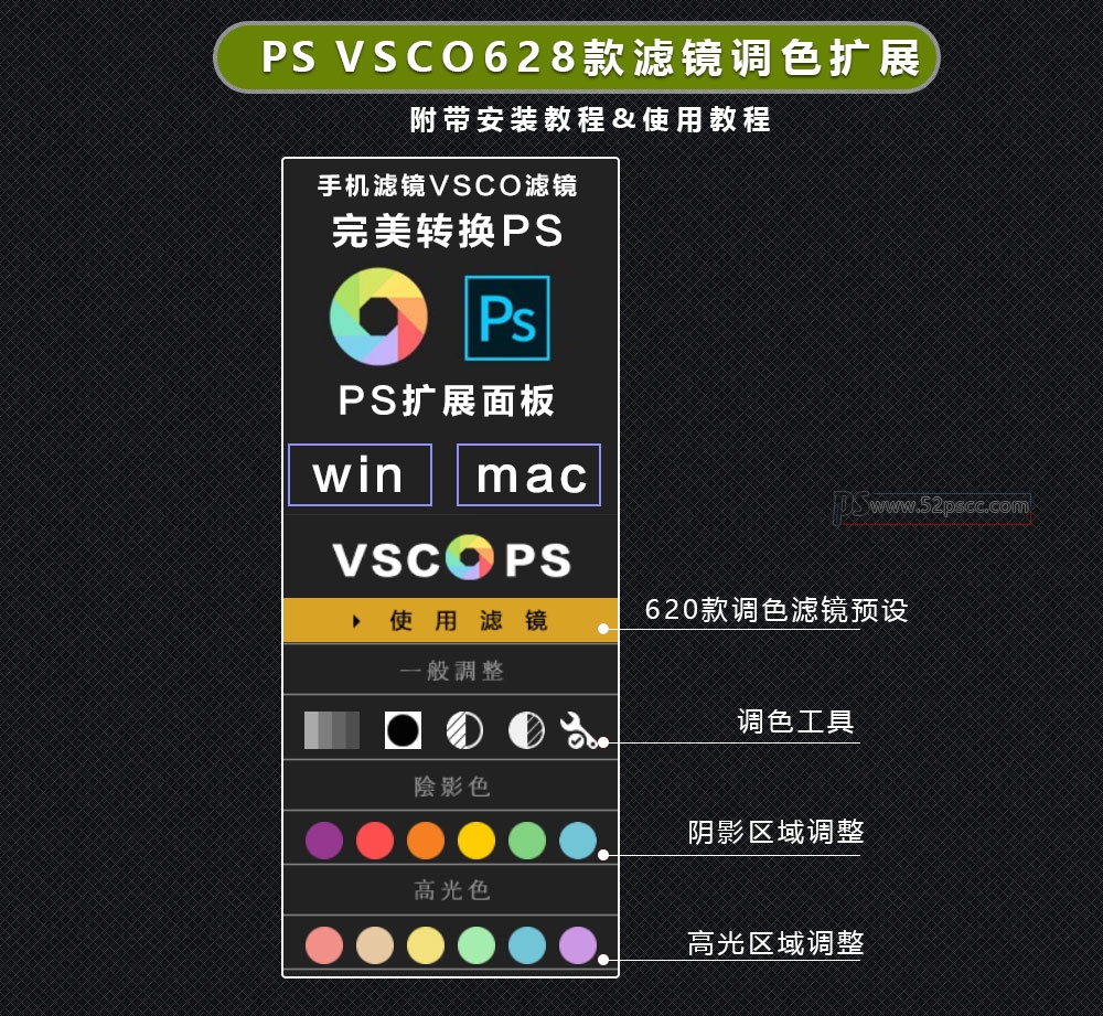 Photoshop插件扩展VSCO PS滤镜插件VSCO 600多款调色预设 PS电影色调插件面板