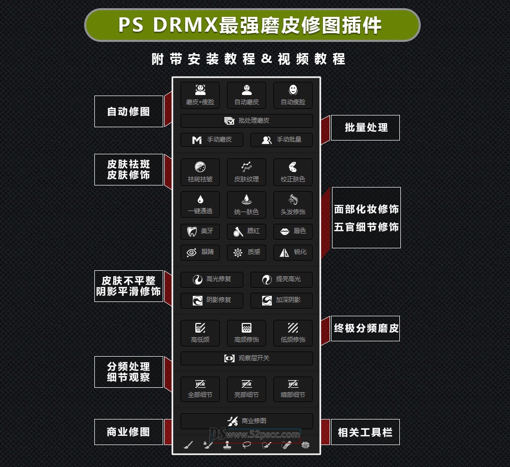 Photoshop插件扩展DRX MAX 磨皮插件2022批量自动质感修图 一键磨皮瘦脸PS滤镜插件