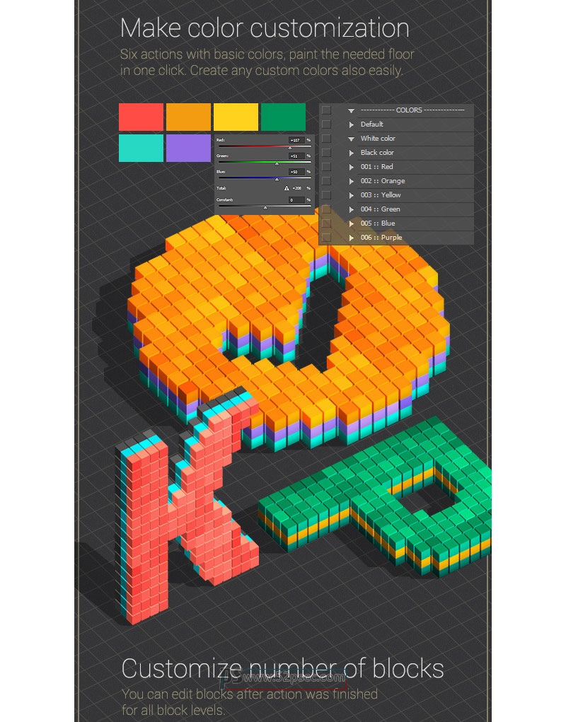 3D马赛克方块积木效果PS动作 文本创建器Photoshop动作
